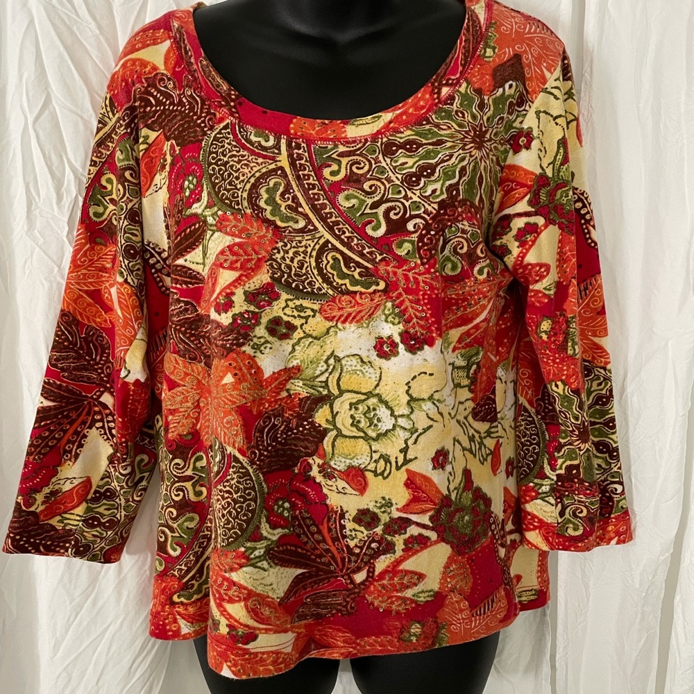 Chico’s Red, Orange,‎ Yellow Long Sleeve Floral Blouse